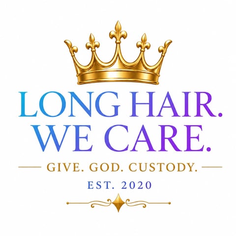 Logo for Long Hair We Care, a hair care brand established in 2020, featuring a gold crown and ornamental design.