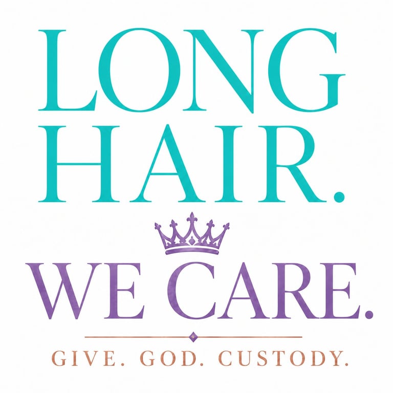 Logo for Long Hair We Care featuring turquoise text, purple crown, and tagline Give. God. Custody.