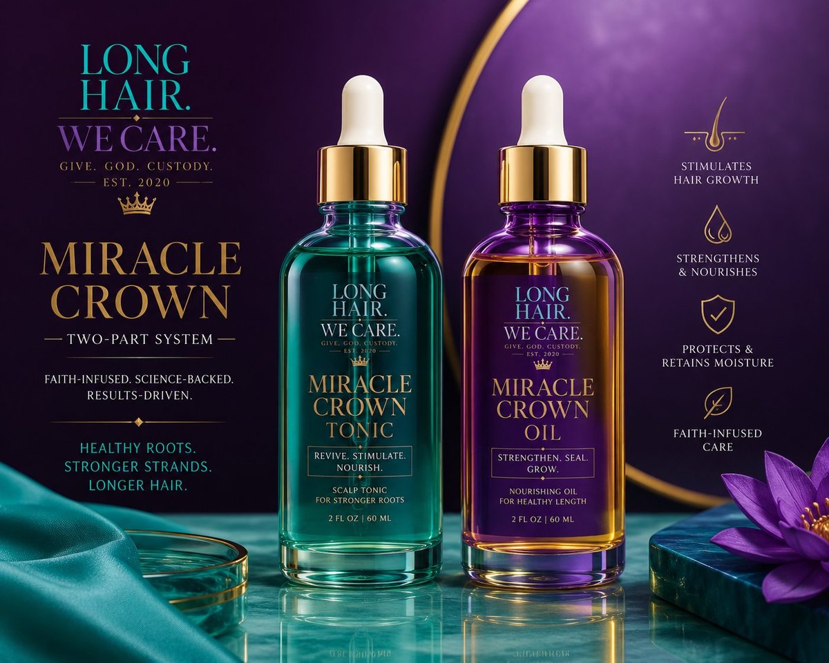 Miracle Crown two-part hair care system with teal and purple bottles featuring faith-infused formulas for hair growth and strengthening